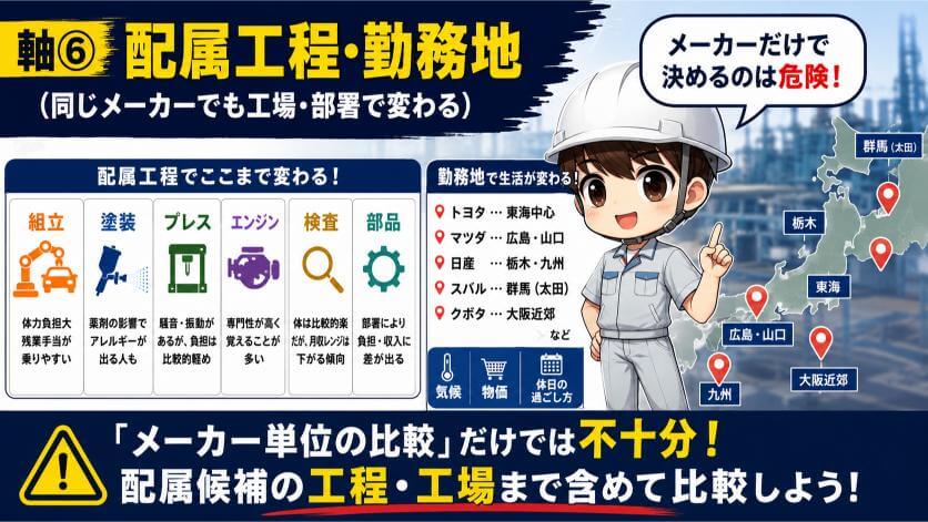 軸⑥｜配属工程・勤務地（同じメーカーでも工場・部署で変わる）