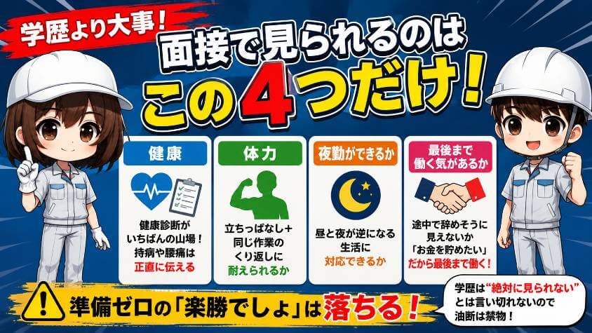 見られるのは「健康・体力・夜勤・最後まで働く気」の4つ