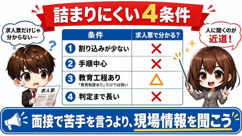 詰まりにくい4条件と、求人票で分かるかどうか