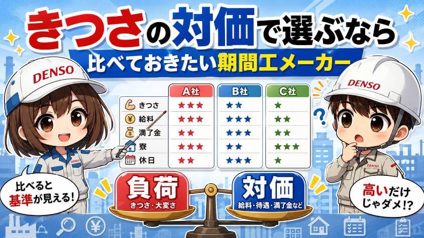 きつさの対価で選ぶなら、比べておきたい期間工メーカー